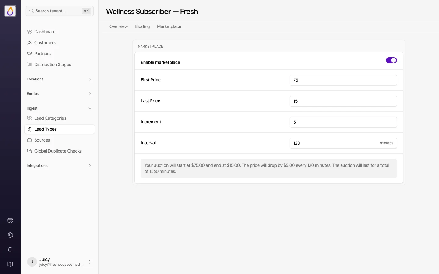 Juiced marketplace settings for a demo lead type: marketplace enabled, first price $75, last price $15, increment $5, interval 120 minutes, with a summary that the auction starts at $75.00, drops by $5.00 every 120 minutes, and ends at $15.00.
